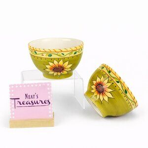 Certified International YELLOW SUNFLOWER Green Stoneware Soup Cereal Bowls Set 2